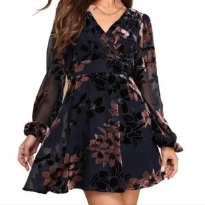 NWT Lulus Navy Blue Floral Burnout Velvet Long Sleeve Mini Dress XXL Party